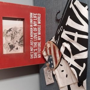 Wood Patriotic Frame Heart Ornament Kitchen Dish Towel Set American USA Military